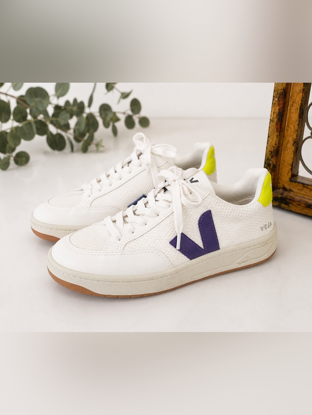 VEJA V-12 White Mesh Leather Sneakers Purple & Neon Yellow | Women’s US 7 #5